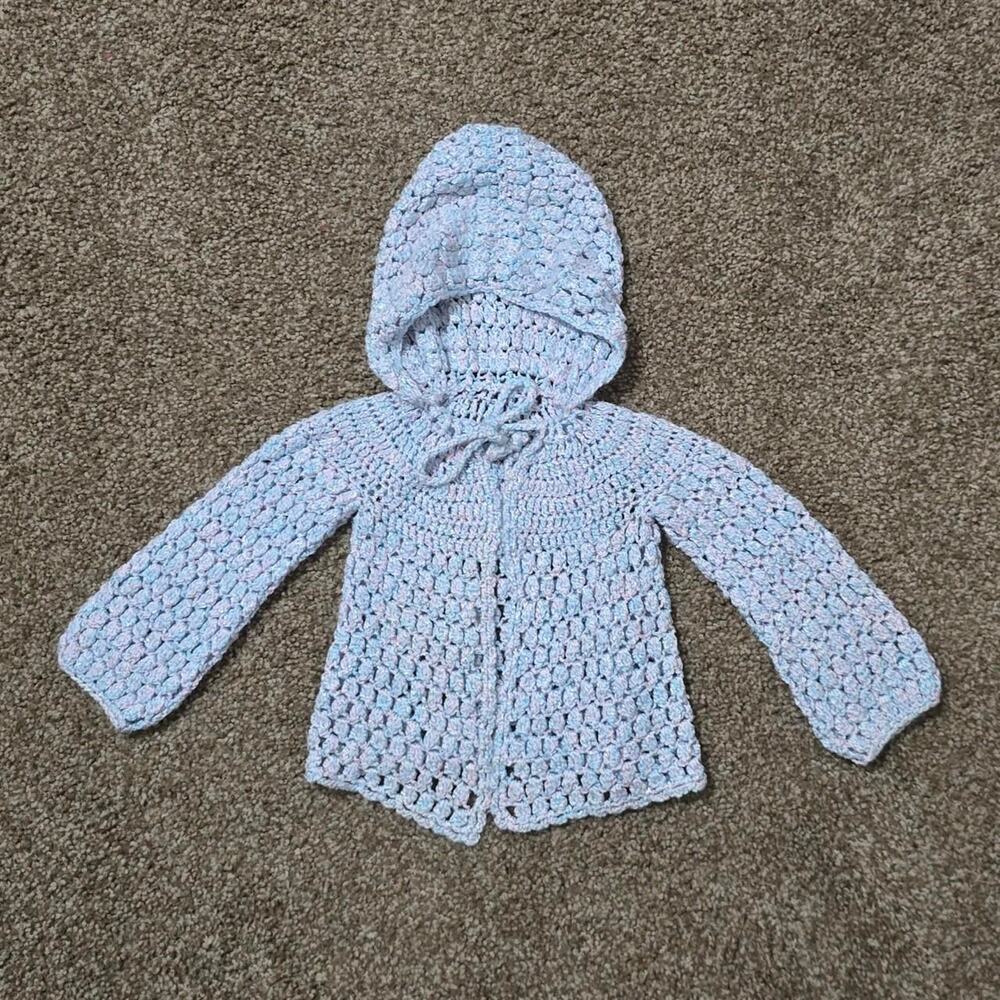 Vintage Handmade Pink and Blue Crochet Hooded Baby Cardigan 18 months